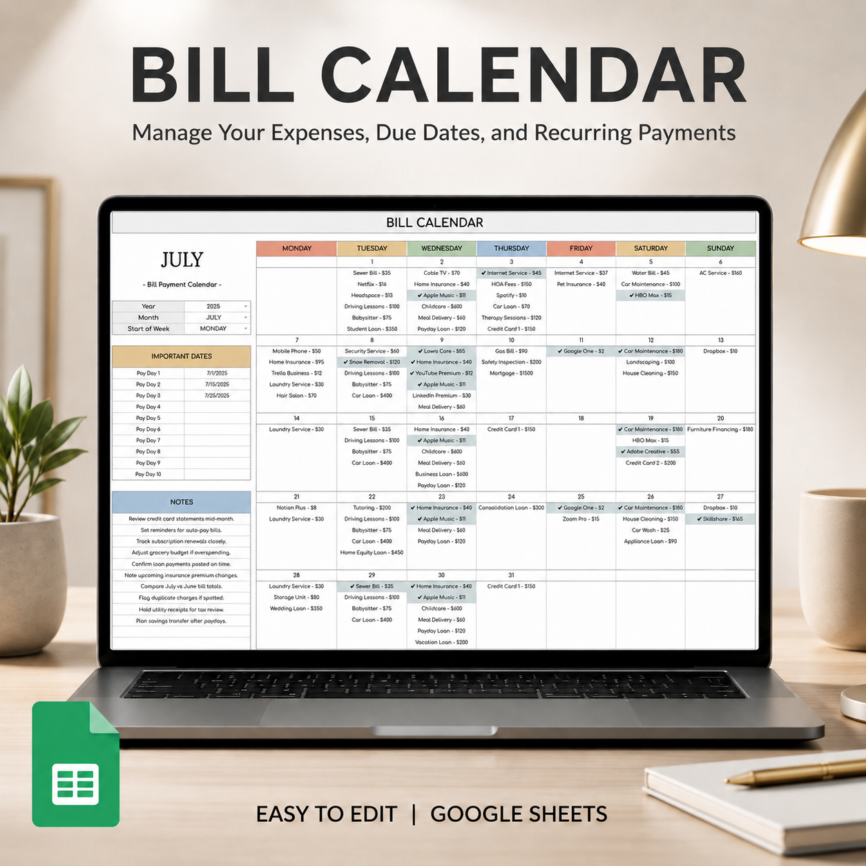 Smart Bill Tracker Spreadsheet